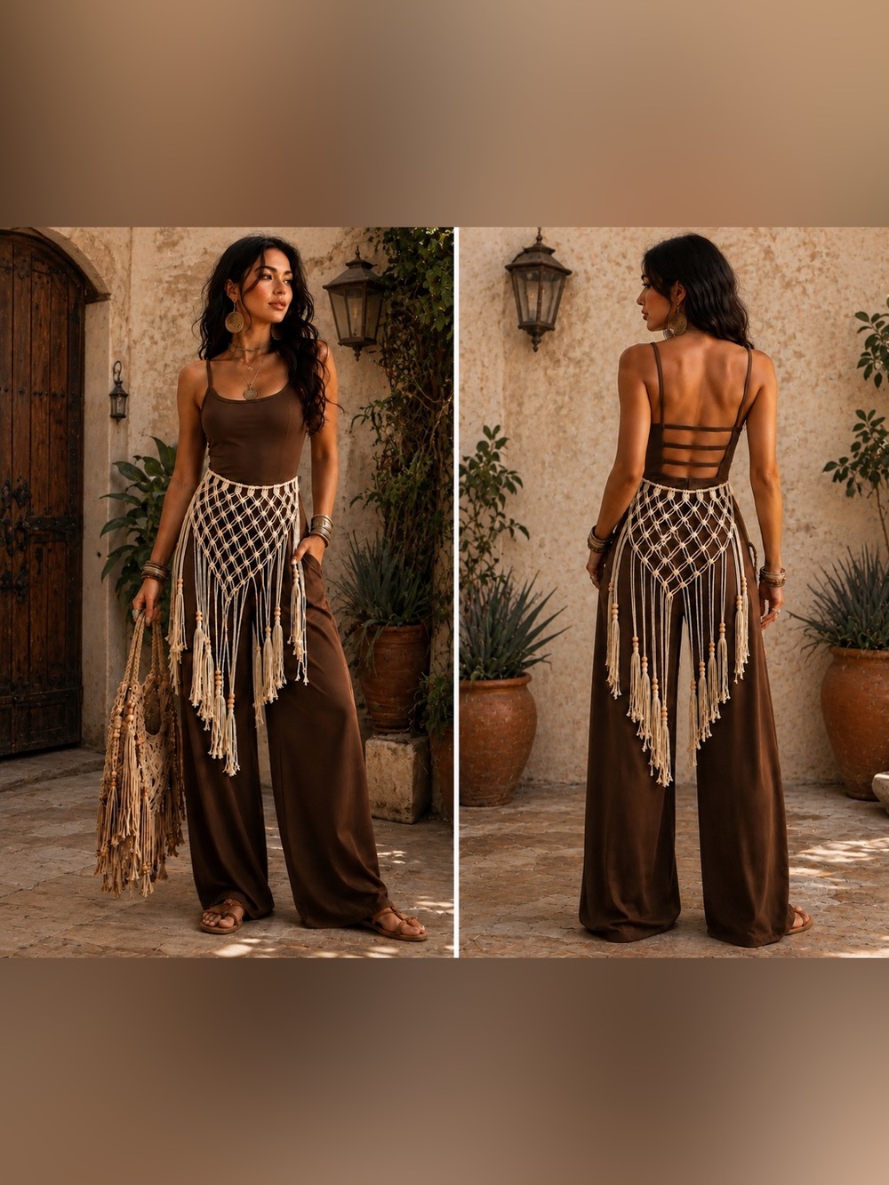 Brown Wide-Leg Jumpsuit with Macramé Fringe Belt